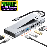 Hub USB C 8 en 1 Type-C USB-C 4K HDMI USB 3.2 Gen2, PD 100W Station d'accueil avec boîtier SSD M.2 NVMe SATA Lecteur de carte SD TF