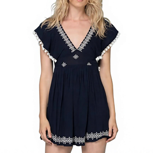 New Arrival Custom V Neck Embroidery <b>Boho</b> Mini <b>Dress</b> Flutter Sleeve Pom Pom A Line <b>Summer</b> <b>Dress</b> for Women - Product Image 3