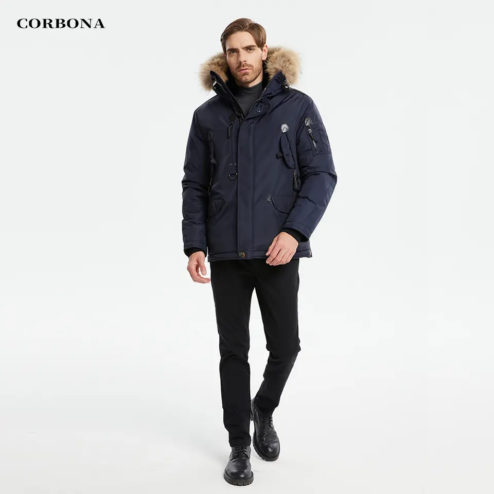 CORBONA-Manteau d'hiver pour homme, manteau épais et décontracté, col en fourrure véritable, multifonctions, mode affaires, duvet coton