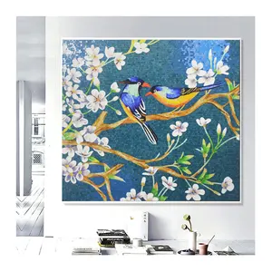 Zf azul fundo de mosaico de flores, branco simples e bonito mosaico pássaro padrões de luxo decoração de parede arte