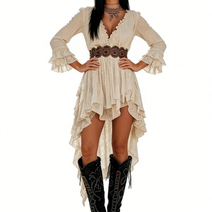 Vestido Midi Bohemio de Encaje Crema para Mujer - Cuello en V con Volantes y Manga Larga - Moda Sehe - Product Image 1