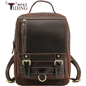 Tiding Men's <b>Backpack</b> Genuine Leather <b>20L</b> Multifunctional Outdoor Travel Schoolbag Solid Color Soft Handle - Product Image 1