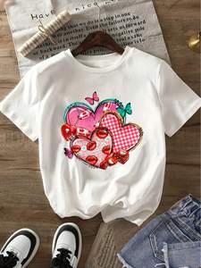 Valentine <b>Heart</b> Butterfly <b>Print</b> T-Shirt Women Short Sleeve Round Neck Casual Summer Breathable 100% Cotton Jersey Fashion <b>Top</b> - Product Image 3