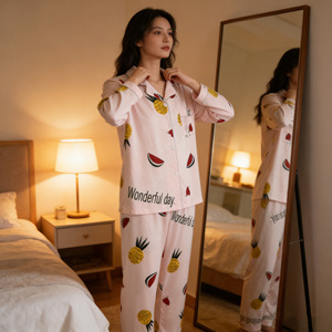 Vente directe à l'exportation : Cardigan long à revers pour <span class=keywords><strong>femme</strong></span>, printemps, coupe ample, motif ananas dessin animé mignon, style étudiant, vêtements d'intérieur - Product Image 4