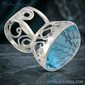 Bague de cocktail classique géométrique pour femme Art Palace, pierre naturelle bleue ovale, plaqué argent 925, bijoux glamour pour soirée - Product Image 1