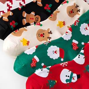 クリスマス ミッドカーフ コットンソックス サンタクロース トナカイ 雪だるま かわいい レッド 滑り止め 通気性 女性用 ギフト - Product Image 6