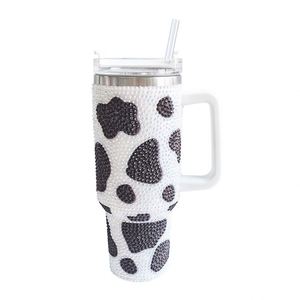 Vaso Térmico de Viaje de Lujo de Acero Inoxidable con Diseño de Vaca, 40 oz, con Asa, Tapa y Diamantes de Imitación, 25 Colores - Product Image 3