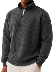 Men's Waffle 1/4Zip <strong>Neck</strong> Pullover <strong>Jumper</strong> Pure Color Simple Long Sleeve Zip Mock <strong>Neck</strong> Knitwear Men <strong>Polo</strong> Shirt Oversized Pullover - Product Image 3