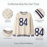Pull en maille torsadée personnalisé avec motif diamant, col rond, rayures contrastées, numéro 84, OEM ODM, crème marine, vente en gros