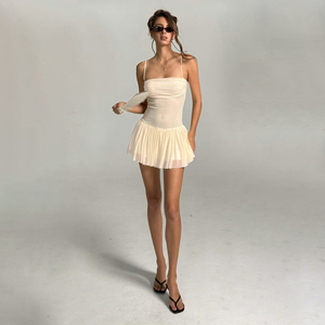 Vestido corto de malla transparente para mujer, vestido sexy fruncido para vacaciones en la playa, minivestido de color liso de secado rápido - Product Image 6