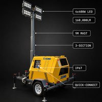 Phare télescopique diesel de 9 m, 160 000 lumens, LED haute luminosité, type remorque, éclairage pour engins de construction