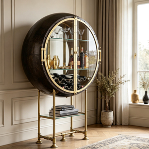 Circular Fiberglass Wine <b>Bar</b> <b>Cabinet</b> Tempered Glass Door Brass Metal Base Retro Industrial for Upscale Villa Dining Space This - Product Image 5