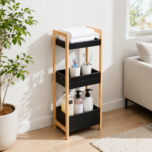 Estante de Almacenamiento de Bambú para Baño, Organizador Delgado de 3 Niveles, Unidad de <span class=keywords><strong>Madera</strong></span> con Bandejas Negras para Toallas y Artículos de Aseo - Product Image 2