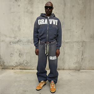 Men Knitted Polyester/Cotton Acid Wash Embossed Tracksuit Zip-Up Hoodie Sweatpants Set <b>Distressed</b> Embroidered Patch Streetwear - Product Image 3