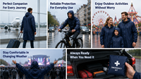 Veste de pluie légère imperméable en polyester enduit de PU avec capuche, pliable, pour les voyages, les trajets quotidiens et l'usage quotidien