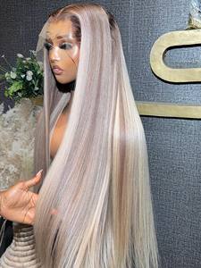 Capelli Vergini Brasiliani Remy Allineati alla Cuticola, <span class=keywords><strong>Biondo</strong></span> Cenere con Riflessi, Lisci, Nodi Decolorati, Lunghi 30 Pollici, HD Grande/Piccolo - Product Image 1