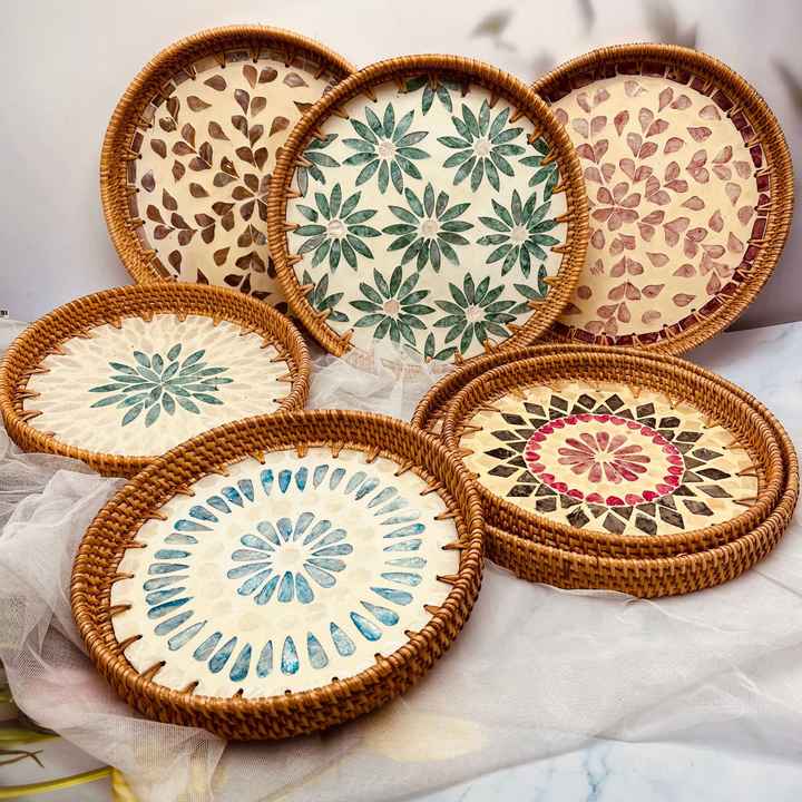 Handmade Scandinavian Creative Rattan Shell Tray Colorful Round Fruit ...