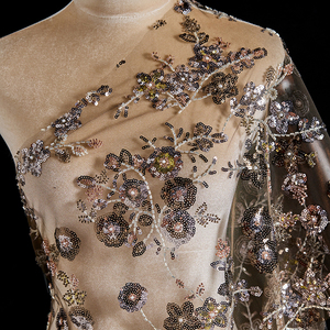 Tissu <span class=keywords><strong>en</strong></span> <span class=keywords><strong>tulle</strong></span> perlé, doux et léger, avec paillettes, brodé de perles, pour robe de mariée, voile, jupe - Product Image 2