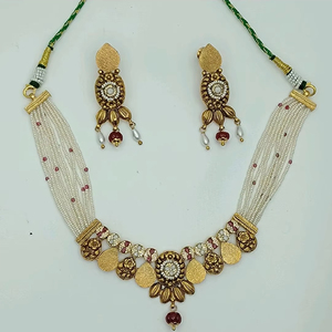 Conjunto de Collar de Perlas Plateadas Tradicionales con Diseño de Hojas Doradas y Piedras Rosas, Pendientes a Juego, Joyería Étnica Antigua - Product Image 2