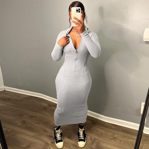 Mode Capuchon Rits Lange Jurken Dames Lange Mouw Effen Slanke Hoodie Jurk Herfst Lente 2024 Dameskleding - Product Image 2