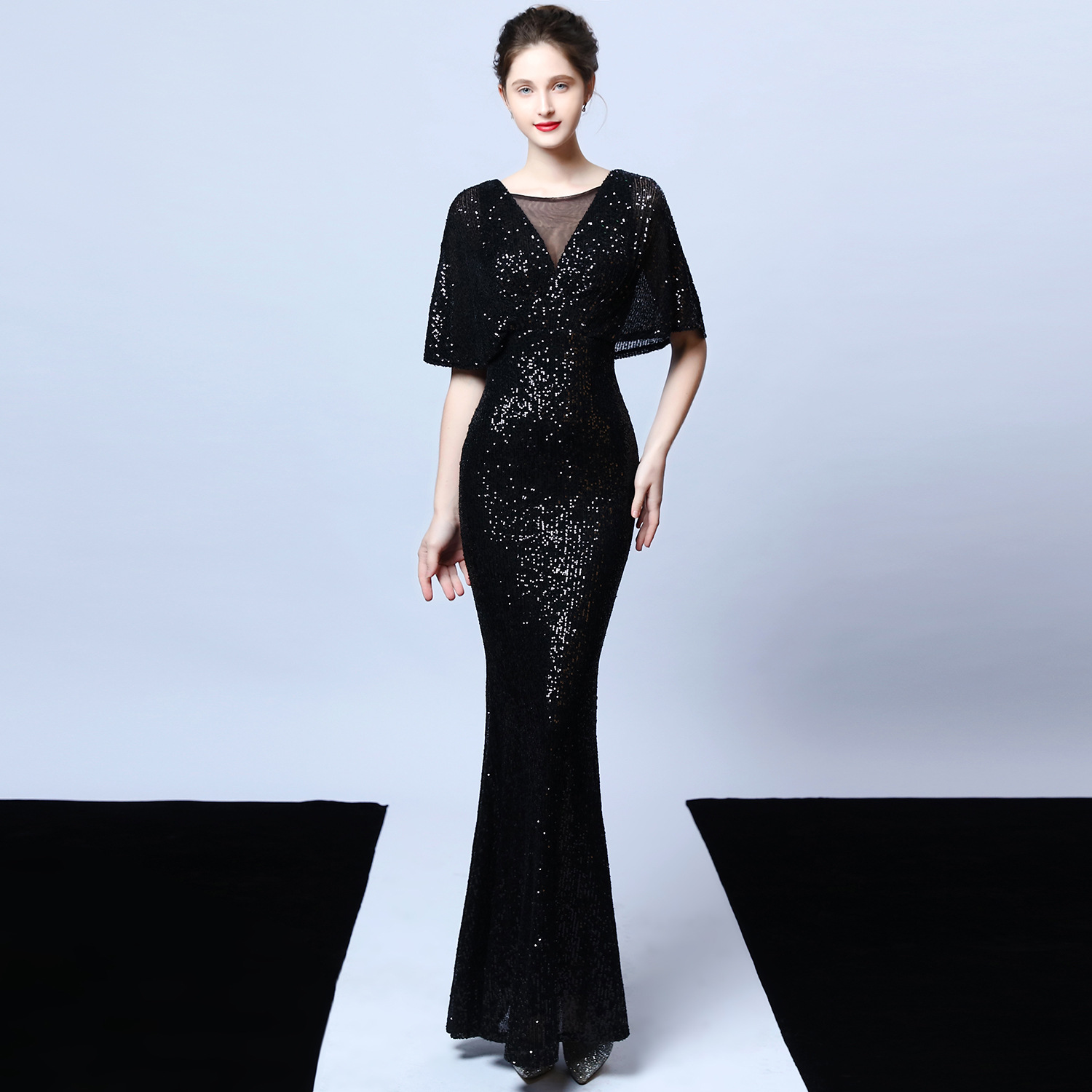 open lace back dress Stunning Evening Dress Illusion Neckline A Line Half Sleeves Lace Floor Length Tulle Party Dresses main image 0