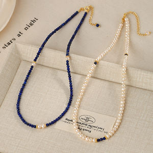 Collar de Perlas Cultivadas de Agua Dulce de Plata de Ley, 2 Piezas, Piedras de Lapislázuli, Perlas Blancas, Estilo Vintage, para Bodas y Fiestas - Product Image 2