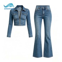 Ensemble deux pièces en jean personnalisé, veste et pantalon, style Y2K, détails zippés en coton, pour femme