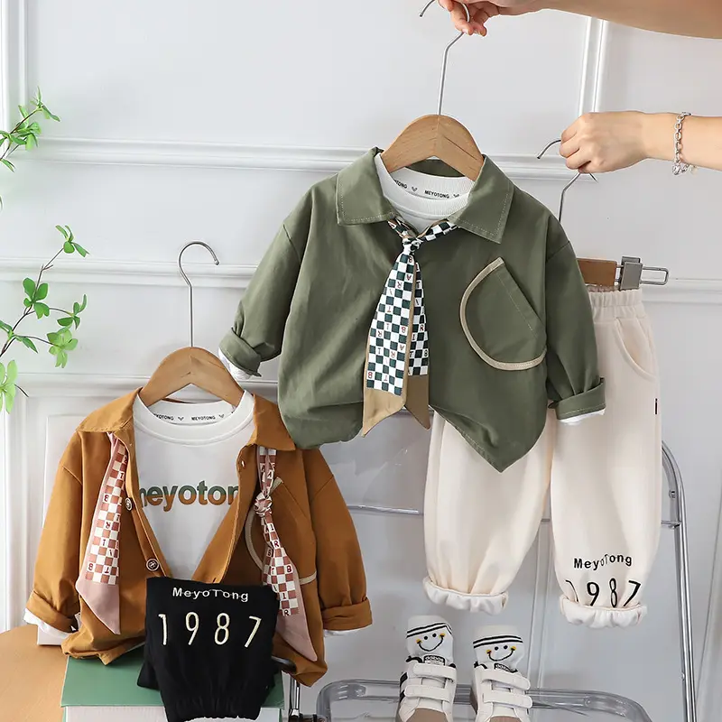 Boys spring and autumn suit 2023 new style baby windbreaker silk scarf 3pcs set 1-5T children's trendy clothes