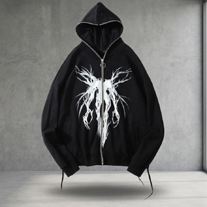 Sudadera con Capucha Negra para Hombre, con Cierre, Estilo Holgado, Tejido de Algodón, Diseño Abstracto Blanco en la Parte Delantera, Estilo Otoñal - Product Image 3