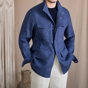 M65 <strong>Men's</strong> Safari <strong>Jacket</strong> Spring Summer Waist Cinched Stand Collar <strong>Linen</strong> Long Sleeved <strong>Jacket</strong> Casual Breathable Thin Hunting <strong>Jacket</strong> - Product Image 1