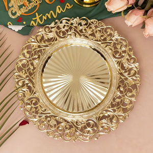 Nuevos Platos Decorativos Redondos de Plástico de 13 Pulgadas con Diseño de Flores Doradas y Plateadas <span class=keywords><strong>para</strong></span> Decoración de Mesa de Boda y Fiestas, Estilo Europeo - Product Image 2
