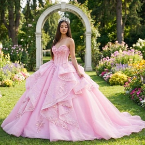 Impresionante vestido de gala rosa bebé con volantes escalonados y bordado floral con cuentas para graduación o quinceañera Jancember. - Product Image 1