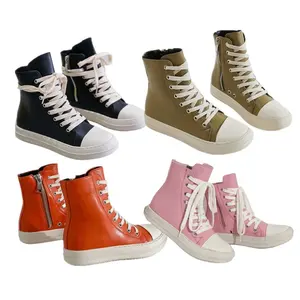 Sepatu Sneaker Kulit Kasual Trainer Mewah Ankle Lace Up Sneaker Wanita Zip High-Top Hip Hop Sepatu Flat Streetwear Wanita