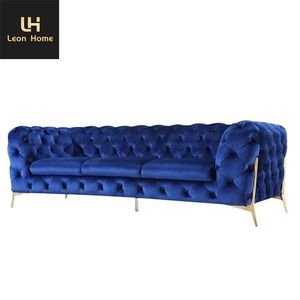 Sofá Contemporáneo <span class=keywords><strong>en</strong></span> Oferta, Sofá Chesterfield Seccional <span class=keywords><strong>de</strong></span> Terciopelo Azul con Botones - Product Image 2