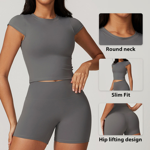 Nuova tuta <span class=keywords><strong>da</strong></span> Yoga aderente aderente <span class=keywords><strong>da</strong></span> <span class=keywords><strong>donna</strong></span> a maniche corte Set di pantaloncini a vita alta ad asciugatura rapida - Product Image 3