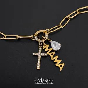 Collar de Acero Inoxidable eManco Estilo Hip-Hop con Colgante de Cruz MAMA y Cristal en Forma de Gota, Joyería para Uso Diario, Venta al Por Mayor - Product Image 1