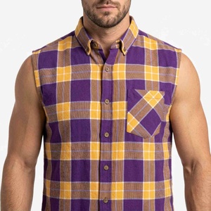Hot <b>Plaid</b> Pattern Cotton Loose Fit Men's Sleeveless <b>Plaid</b> Flannel <b>Shirt</b> Button Down Casual Top Purple Yellow Check With Pockets - Product Image 5