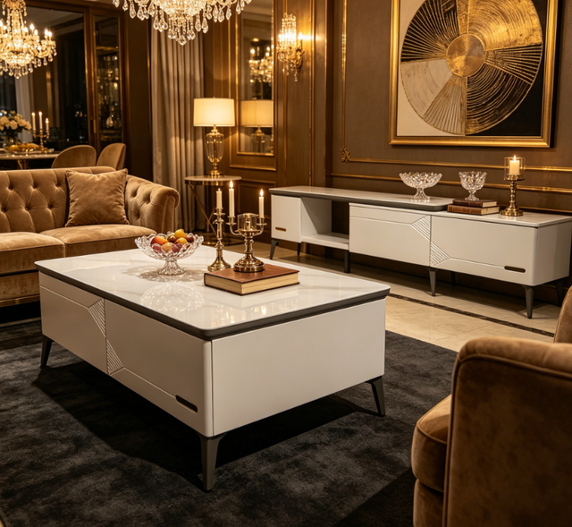 Modern Luxury Living Room Furniture TV Stands TV Cabinet and Coffee Table Set  TV Stand Unit with Glass