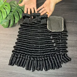 Best cuticle aligned vietnam bone straight fancy curl super double drawn raw human hair bundles with closure in wholesale price