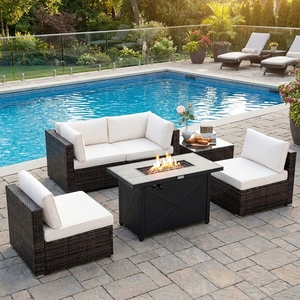 All Weather Outdoor Rattan Sectional Sofa Set Including Fire Pit Table and <b>Storage</b> <b>Box</b> for Garden Patio - Product Image 1