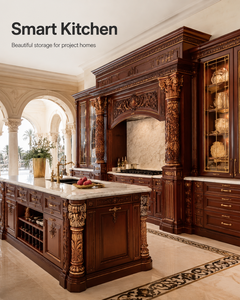 Armoires <span class=keywords><strong>de</strong></span> <span class=keywords><strong>cuisine</strong></span> sur mesure en bois d'acajou Sapele haut <span class=keywords><strong>de</strong></span> gamme avec colonnes sculptées ornées pour palais arabes <span class=keywords><strong>de</strong></span> luxe - Product Image 1