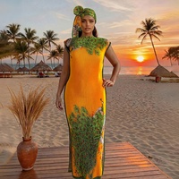 Ensemble de Robe de Luxe Florale en Polyester Style Dashiki, Faux Soie Froissée, Kaftan Bikini Slim Fit pour Femme du Moyen-Orient avec Foulard