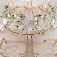 Bonne qualité, design de luxe en métal, dessus doré, argent et chaises, table à manger en verre pour café et mariage