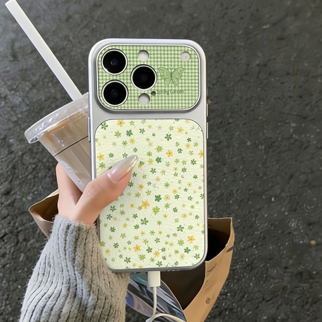 New Green Flowers Leather Mobile Phone Case Coque White Corning Shell Coque Back Cover for iphone 16 12 15 18 17 Air Pro Max