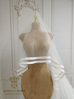 QUEENSGOWN Simple Élégant Voile De Mariée Ivoire À Deux Couches Avec Double Ruban De Satin Bord Mariage De Mariée Long Train Voile Avec Peigne