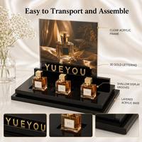 Présentoir de Comptoir en Acrylique Noir Brillant Superposé pour Parfums avec Cadre Photo et Logo Doré 3D, Support Fixe