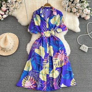 New Flower In Ấn Giản Dị Dresses Lần Lượt Xuống Cổ Áo Duy Nhất Ngực Vành Đai Thắt Lưng Phụ Nữ Ăn Mặc Tương Phản Một Dòng Phụ Nữ Quần Áo - Product Image 6