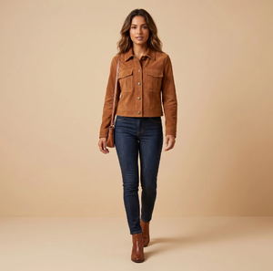 Manteau en cuir court pour femmes, design tendance, cuir véritable, daim de mouton, pour femmes - Product Image 1