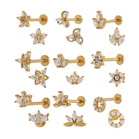 Boucles d'oreilles clous en acier inoxydable plaqué or à dos plat et fileté pour cartilage et lèvre, avec motifs lune, feuille, fleur et étoile pour femme