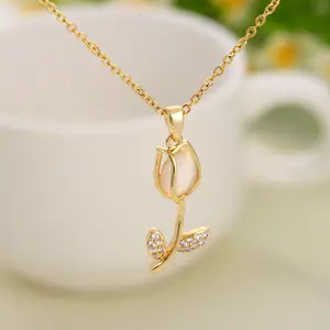 Kpop Opal Tulpe Rose Blume Anhänger Halskette Korean Fashion Choker Schmuck für Frauen Charm Sweater Chain Halskette